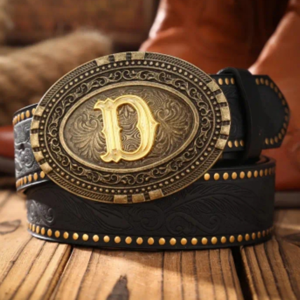 Western Tooled Belt w/ Gold Monogram Buckle | Cowboy Several Letters Available - Picture 7 of 16